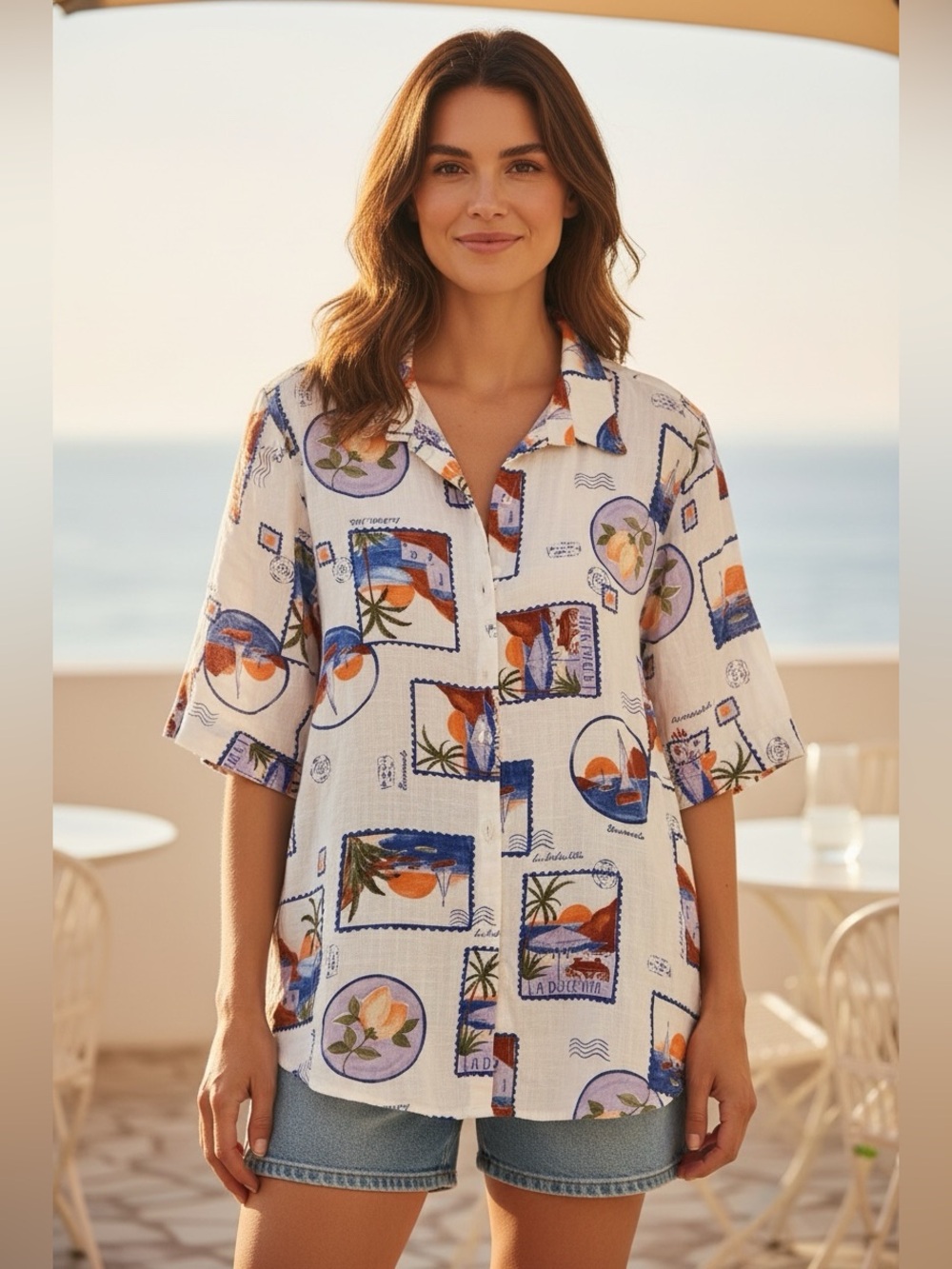 🫶🏻 Label of Love Rayon Linen Printed Vacation Collared Button-Front Top
